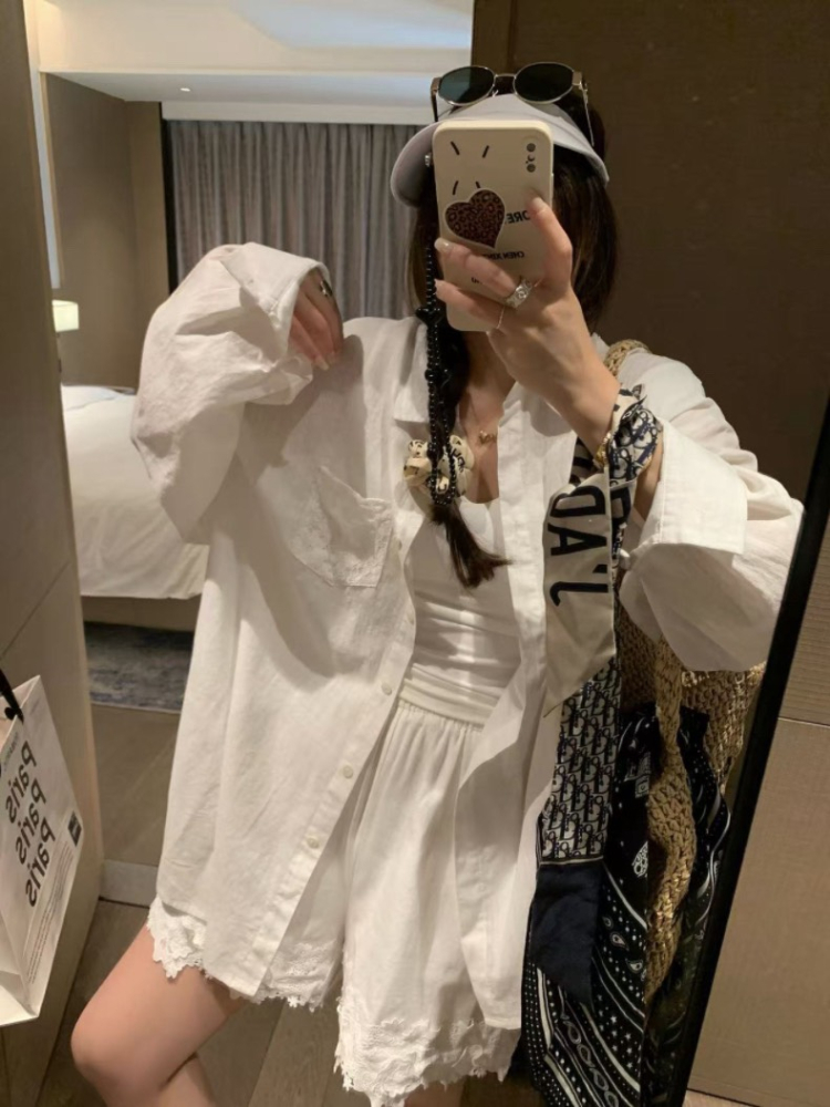 水溶蕾絲亞麻襯衫加亞麻短褲兩件套組