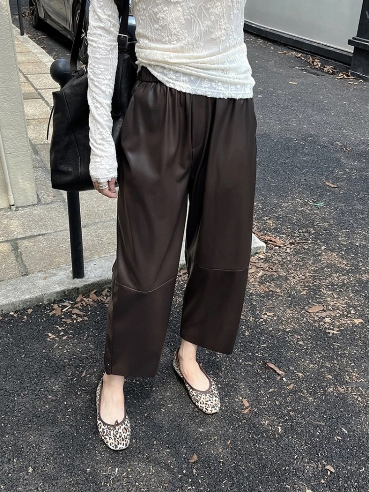 極簡風休閒褲立體感仿皮寬鬆八分褲