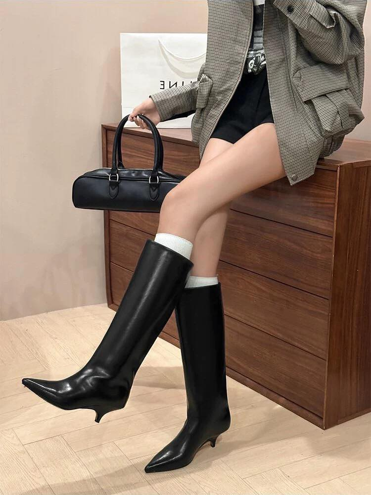 歐美真皮尖頭大筒極簡風復古騎士細跟顯瘦靴