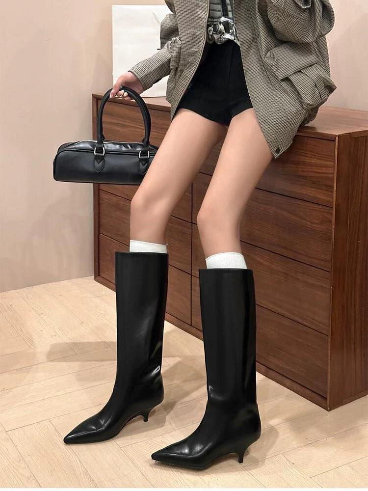 歐美真皮尖頭大筒極簡風復古騎士細跟顯瘦靴