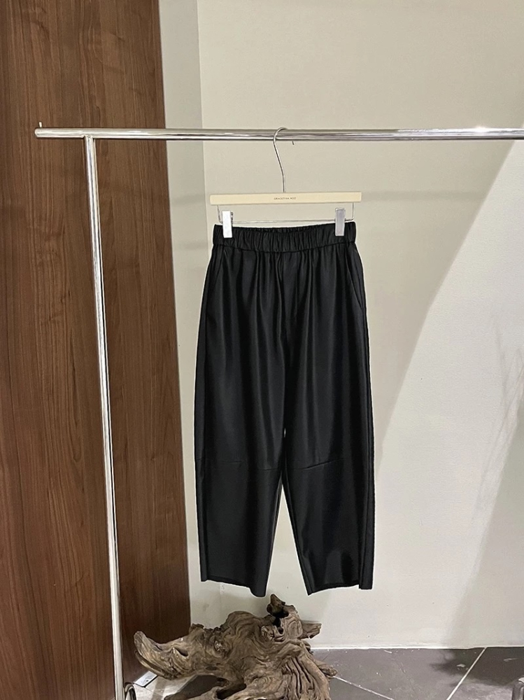 極簡風休閒褲立體感仿皮寬鬆八分褲