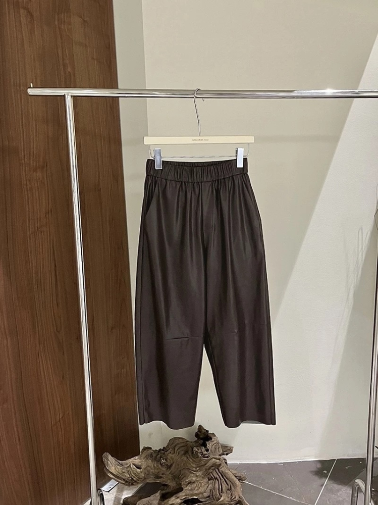 極簡風休閒褲立體感仿皮寬鬆八分褲