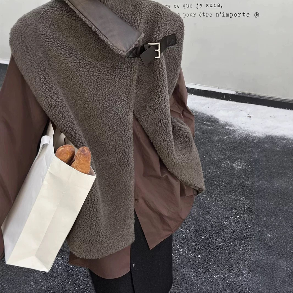 品牌羊毛皮扣翻領馬甲慵懶寬鬆(含羊毛)