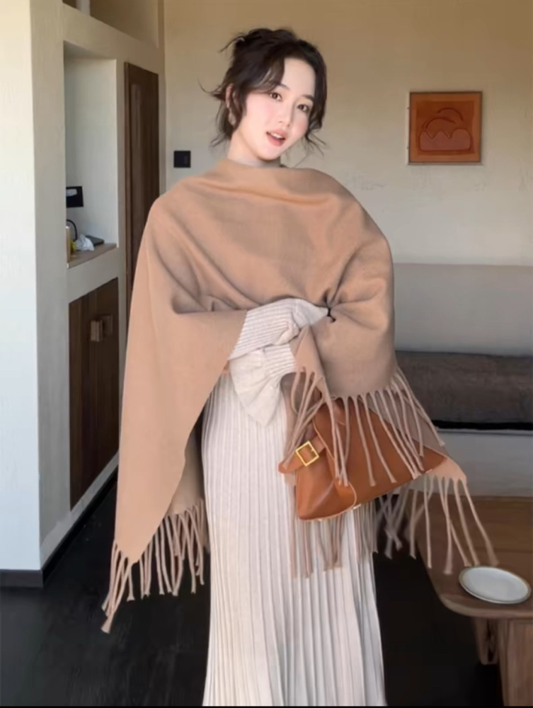 素面羊绒羊毛多色流蘇大披肩圍巾