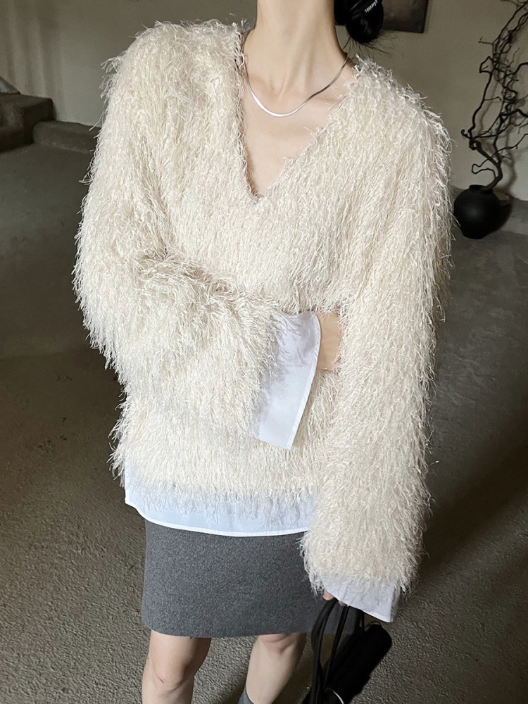 時髦感拼接V領顯瘦毛毛流蘇上衣女