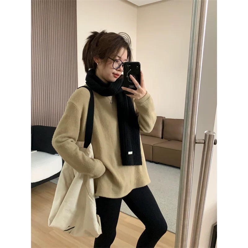 仿兔毛加厚小開叉休閒百搭厚實保暖長袖長版內搭上衣