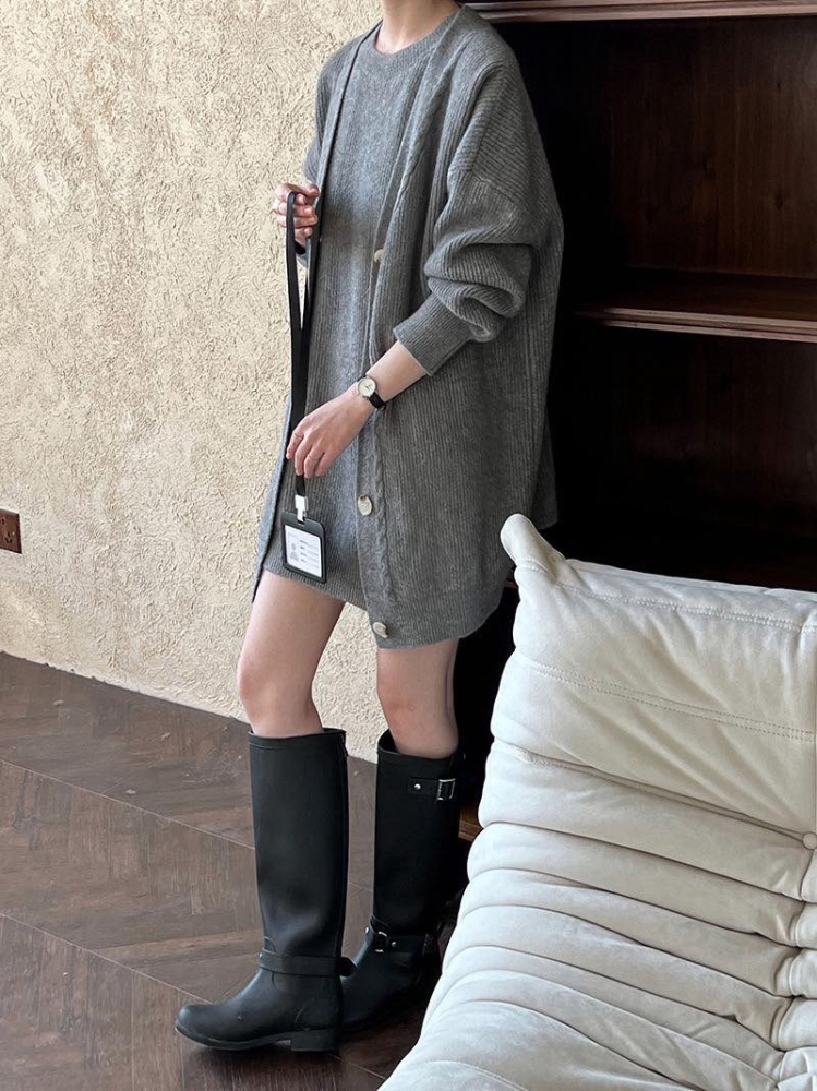秋冬高級感中長款削肩背心+開衫兩件套組