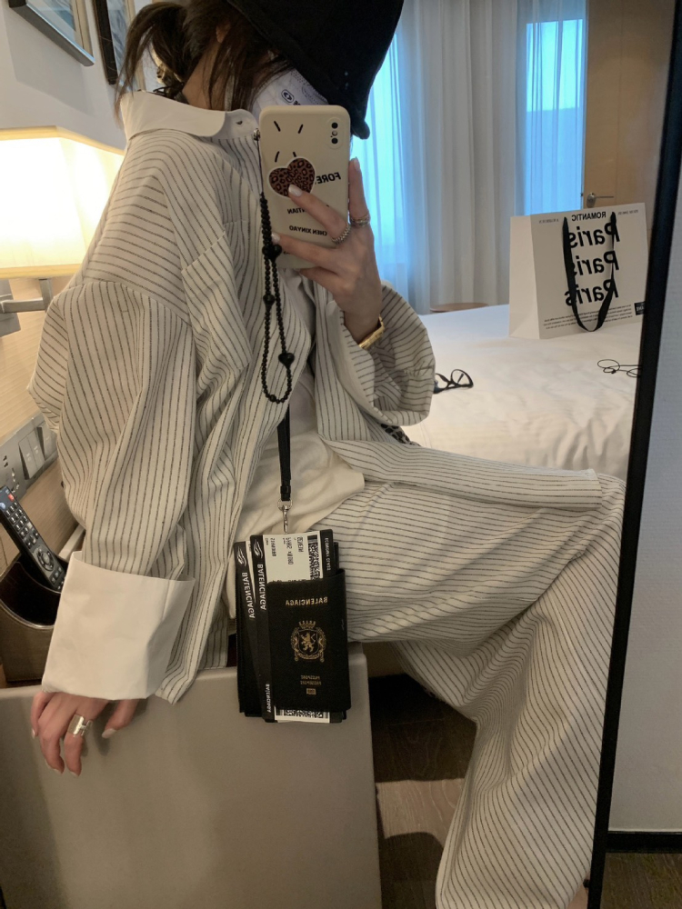 春夏棉麻條紋襯衣套裝裙寬鬆襯衫+半身裙兩件套