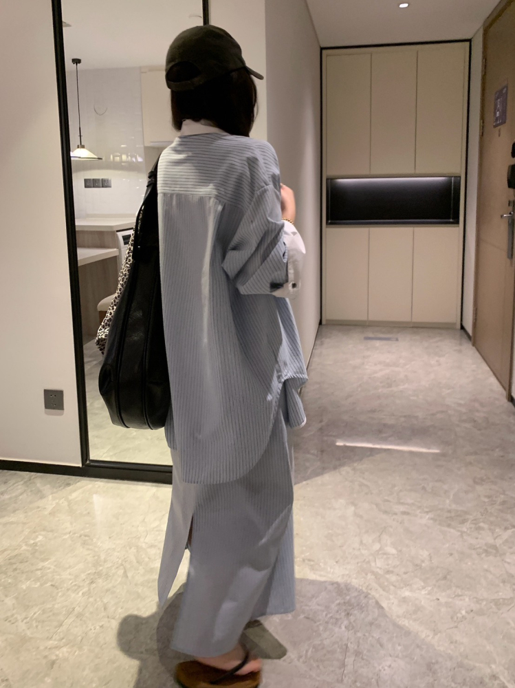 春夏棉麻條紋襯衣套裝裙寬鬆襯衫+半身裙兩件套