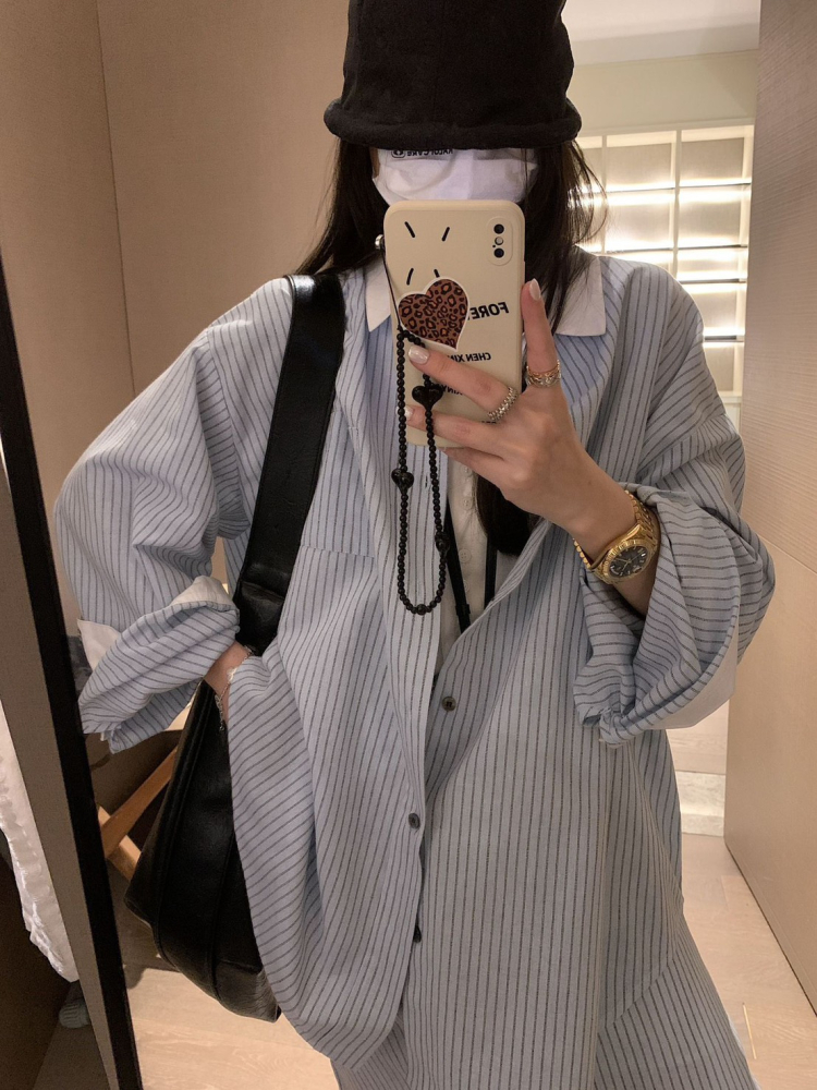 春夏棉麻條紋襯衣套裝裙寬鬆襯衫+半身裙兩件套