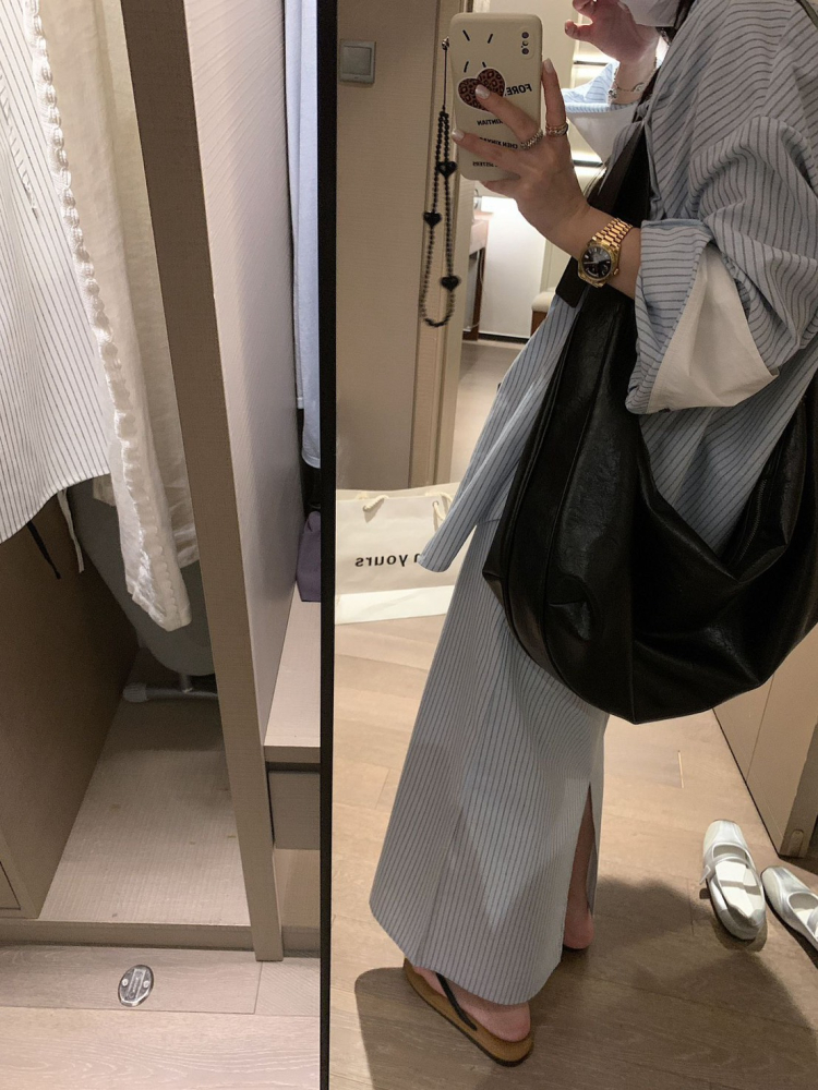 春夏棉麻條紋襯衣套裝裙寬鬆襯衫+半身裙兩件套