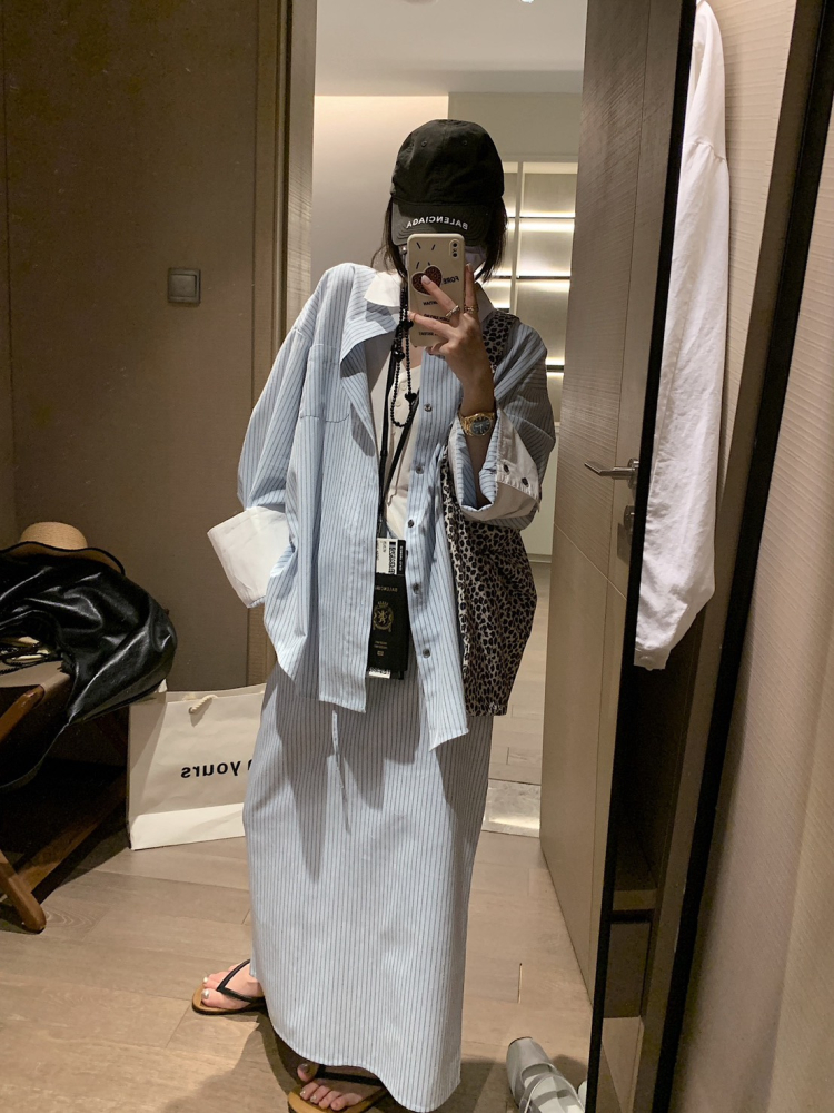 春夏棉麻條紋襯衣套裝裙寬鬆襯衫+半身裙兩件套