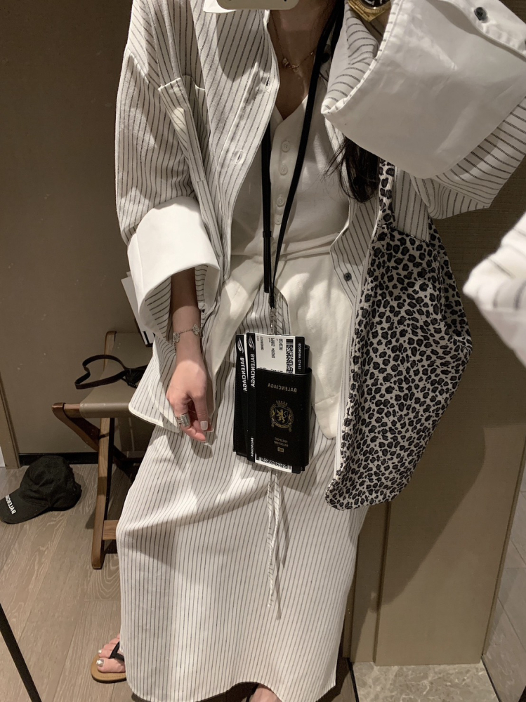 春夏棉麻條紋襯衣套裝裙寬鬆襯衫+半身裙兩件套