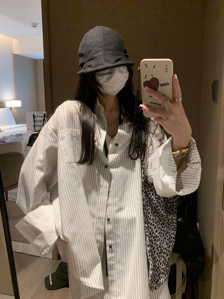 春夏棉麻條紋襯衣套裝裙寬鬆襯衫+半身裙兩件套