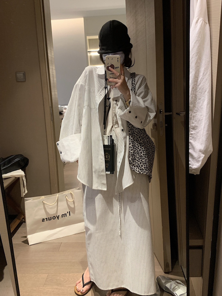 春夏棉麻條紋襯衣套裝裙寬鬆襯衫+半身裙兩件套