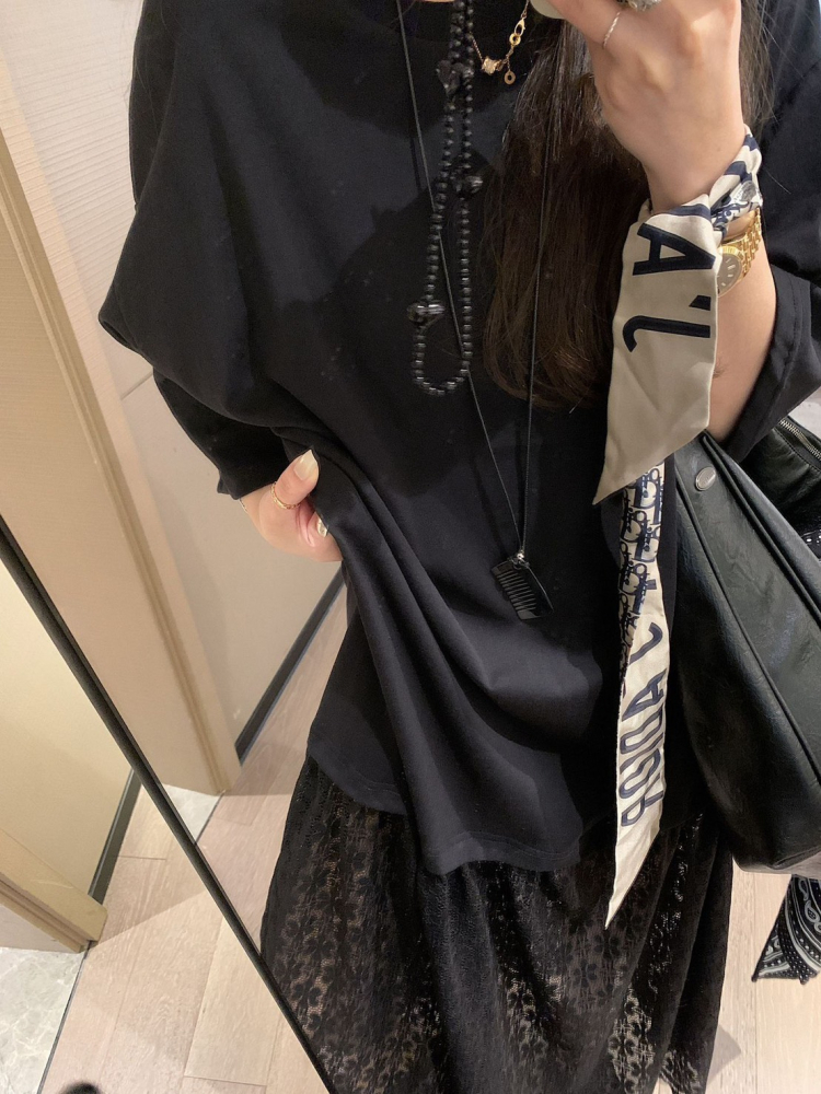 Oversized 寬鬆圓領假兩件蕾絲拼接連身T恤長裙