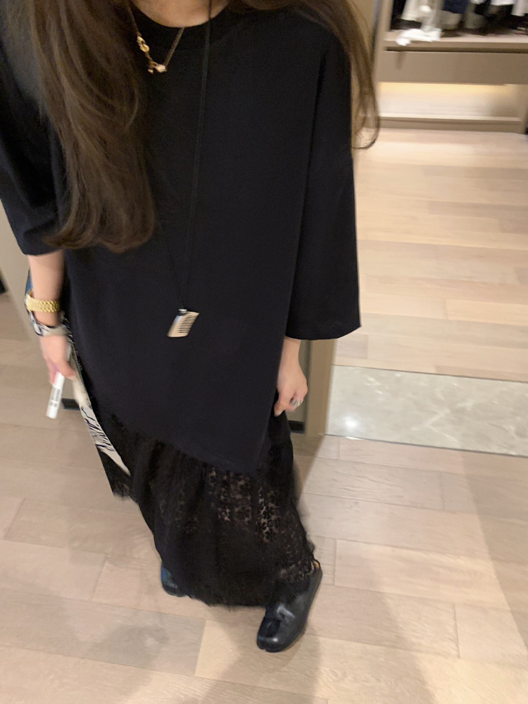 Oversized 寬鬆圓領假兩件蕾絲拼接連身T恤長裙