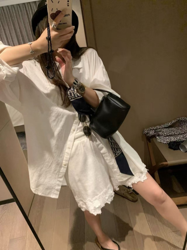 水溶蕾絲亞麻襯衫加亞麻短褲兩件套組