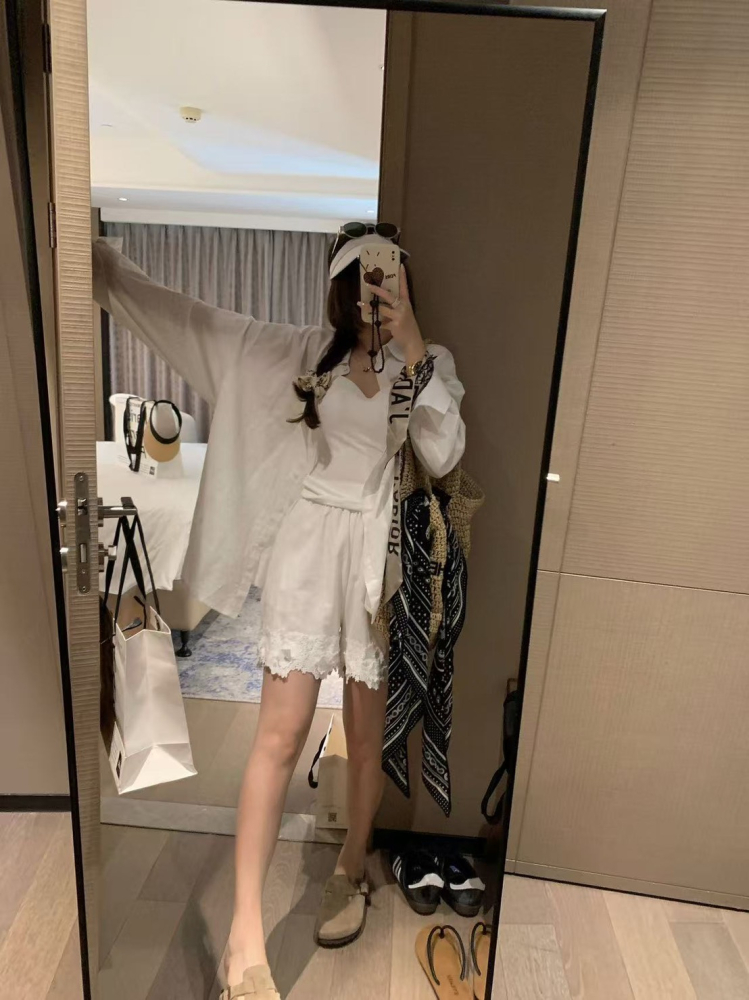 水溶蕾絲亞麻襯衫加亞麻短褲兩件套組