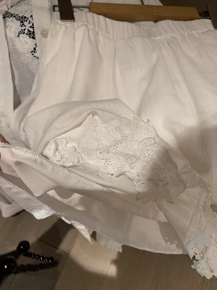 水溶蕾絲亞麻襯衫加亞麻短褲兩件套組