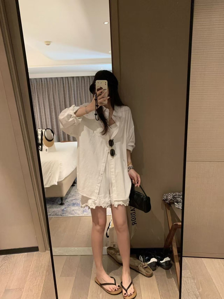 水溶蕾絲亞麻襯衫加亞麻短褲兩件套組