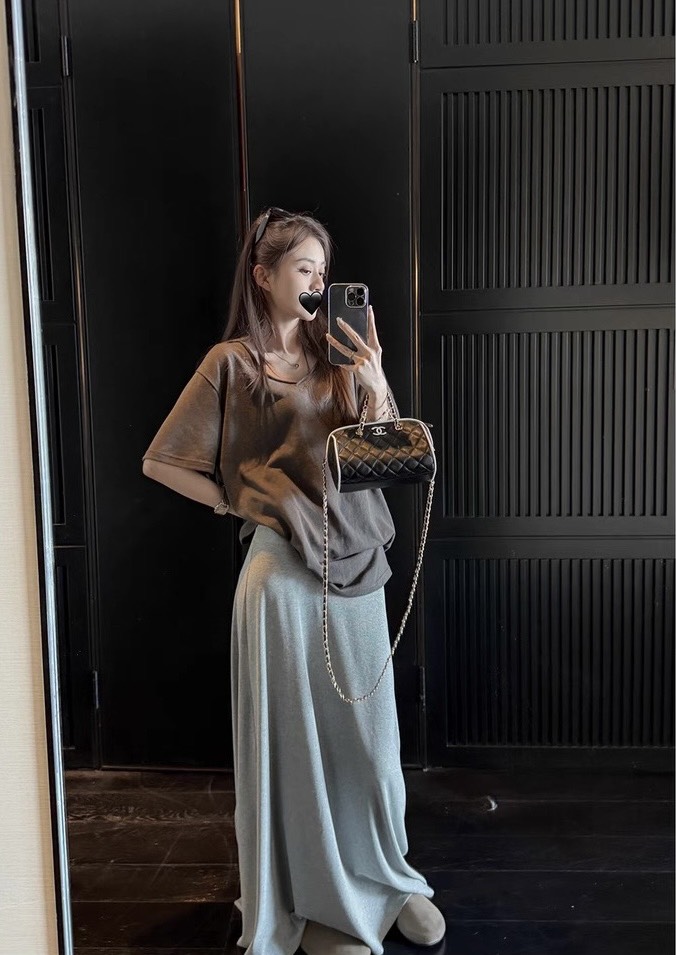 紙片人羅紋棉開叉垂感鬆弛顯瘦半身裙