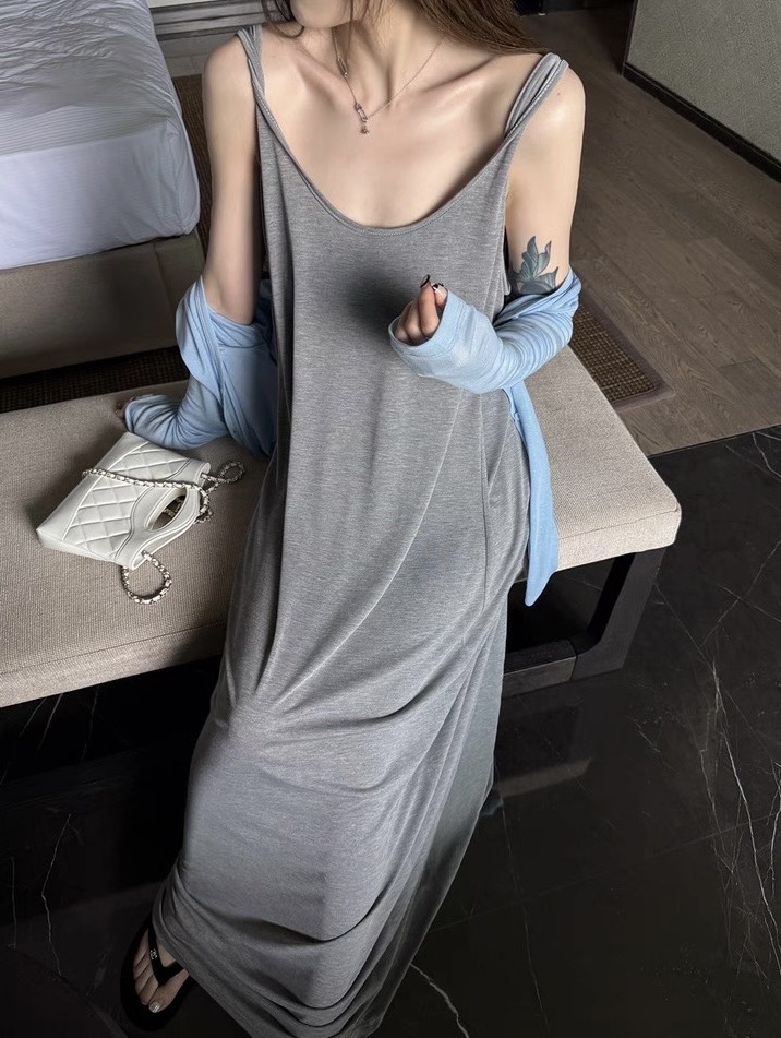 扭結露背棉質寬鬆款連身長裙洋裝