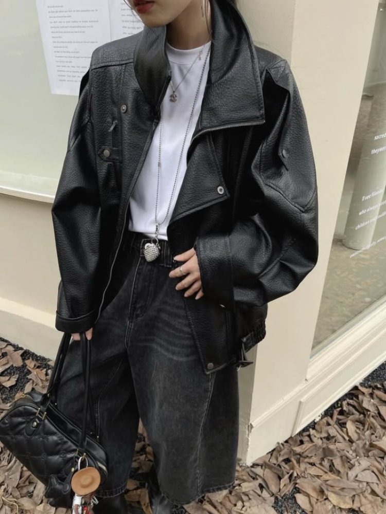 超質感Oversized 中性復古雙領寬鬆皮皮衣