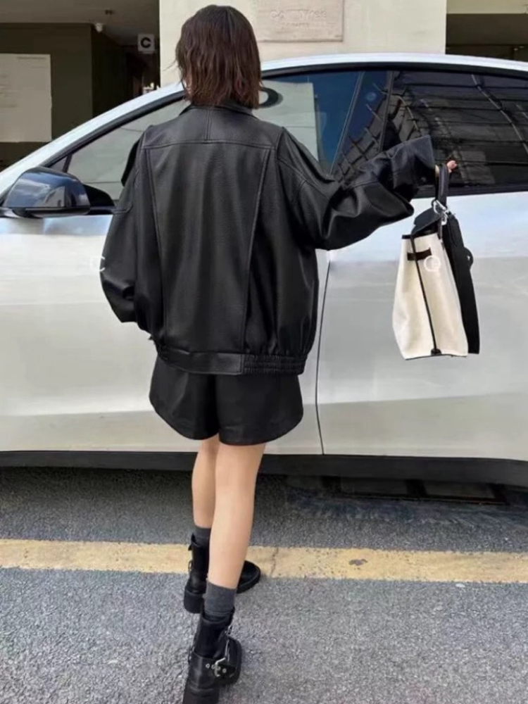 超質感Oversized 中性復古雙領寬鬆皮皮衣