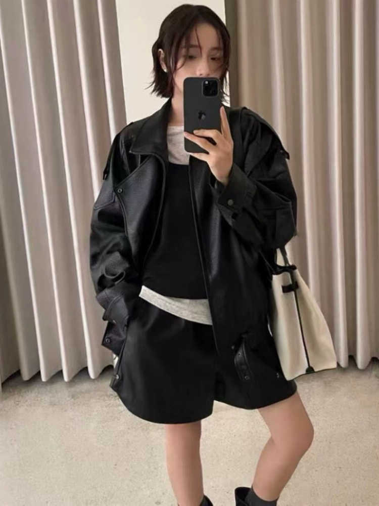 超質感Oversized 中性復古雙領寬鬆皮皮衣