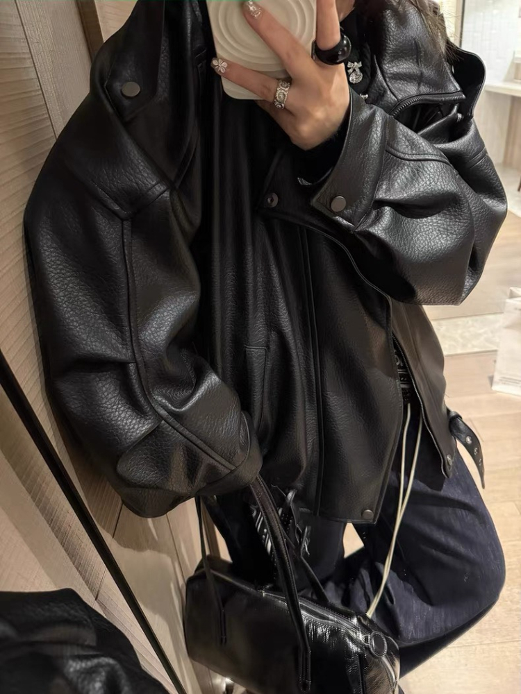 超質感Oversized 中性復古雙領寬鬆皮皮衣