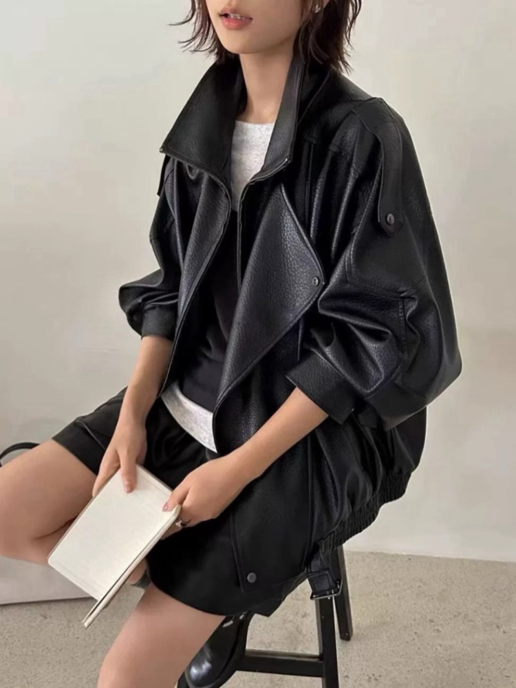 超質感Oversized 中性復古雙領寬鬆皮皮衣