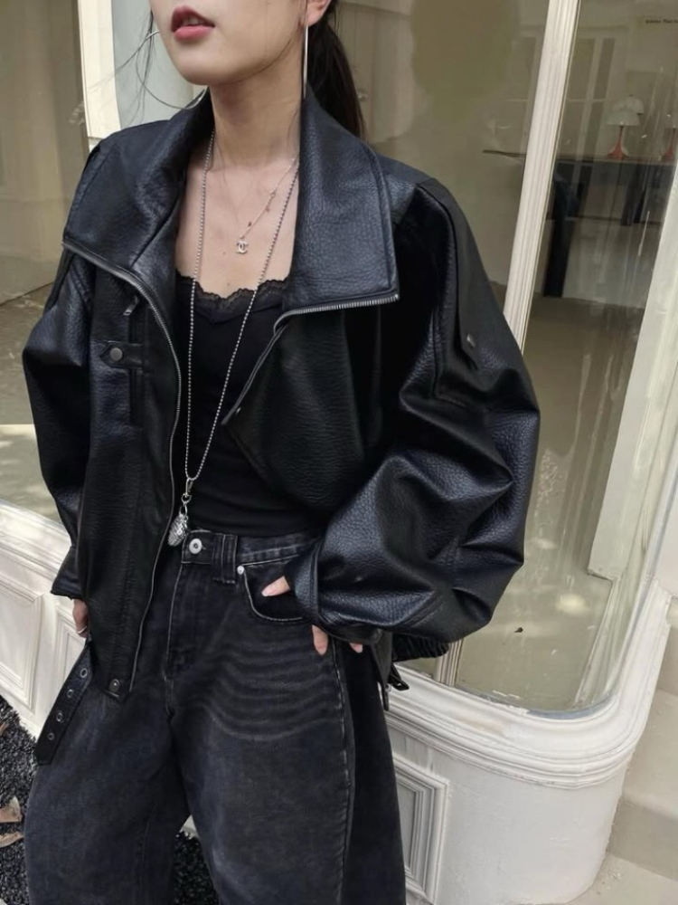 超質感Oversized 中性復古雙領寬鬆皮皮衣