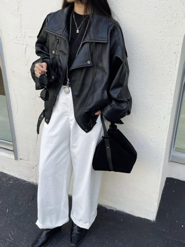 超質感Oversized 中性復古雙領寬鬆皮皮衣