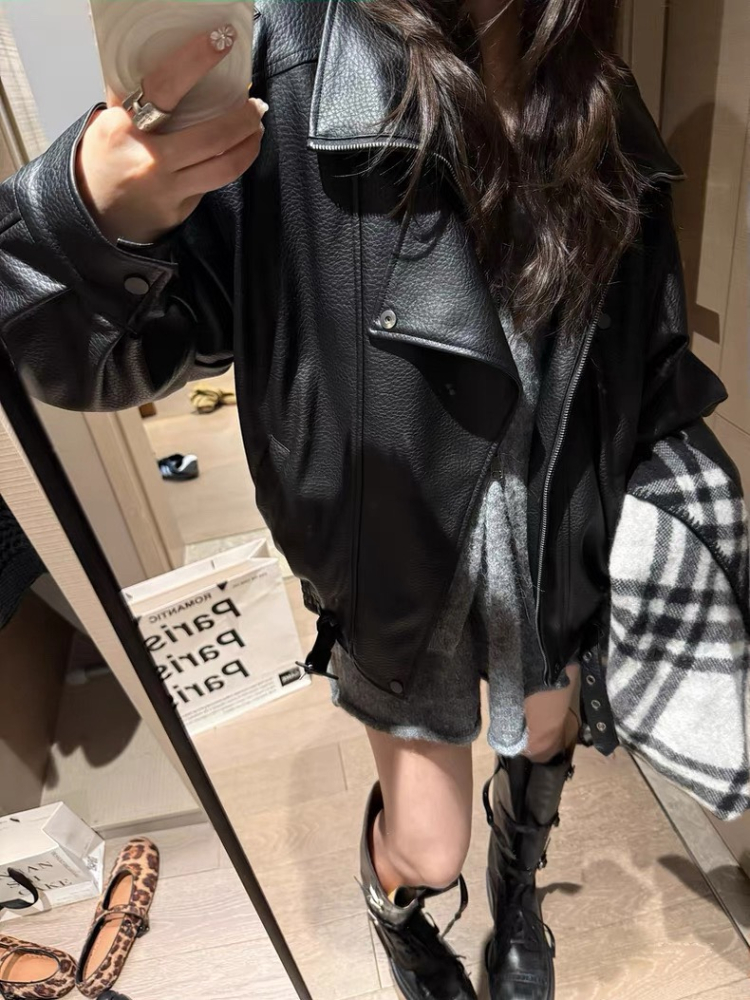 超質感Oversized 中性復古雙領寬鬆皮皮衣