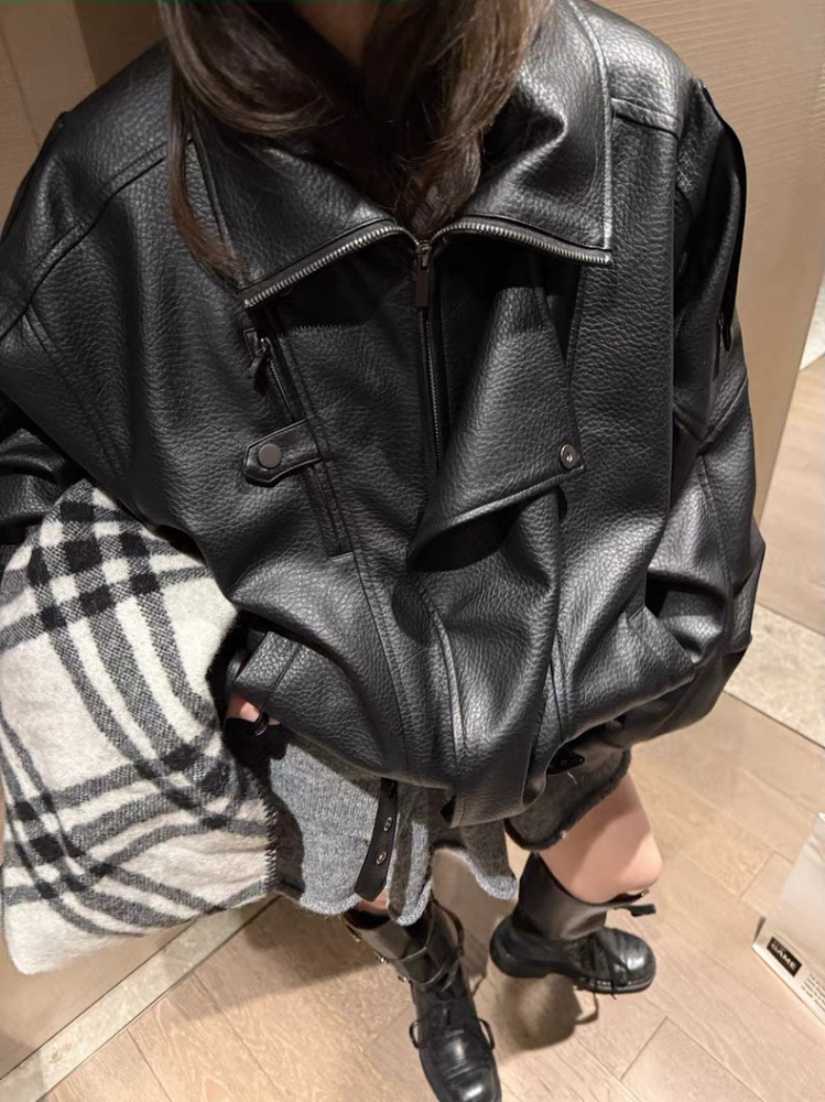 超質感Oversized 中性復古雙領寬鬆皮皮衣