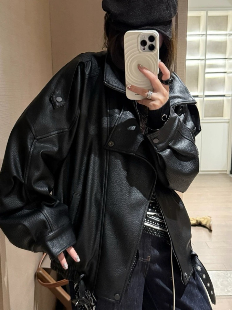 超質感Oversized 中性復古雙領寬鬆皮皮衣