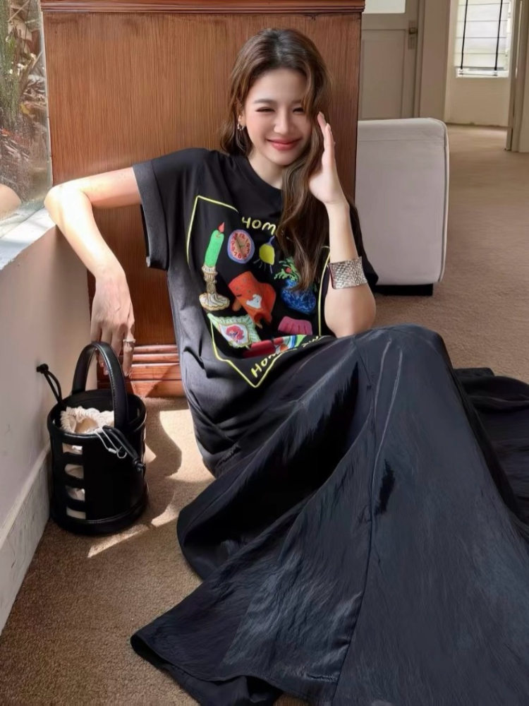 印花拼接寬鬆魚尾長洋裝