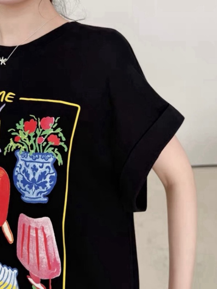 印花拼接寬鬆魚尾長洋裝