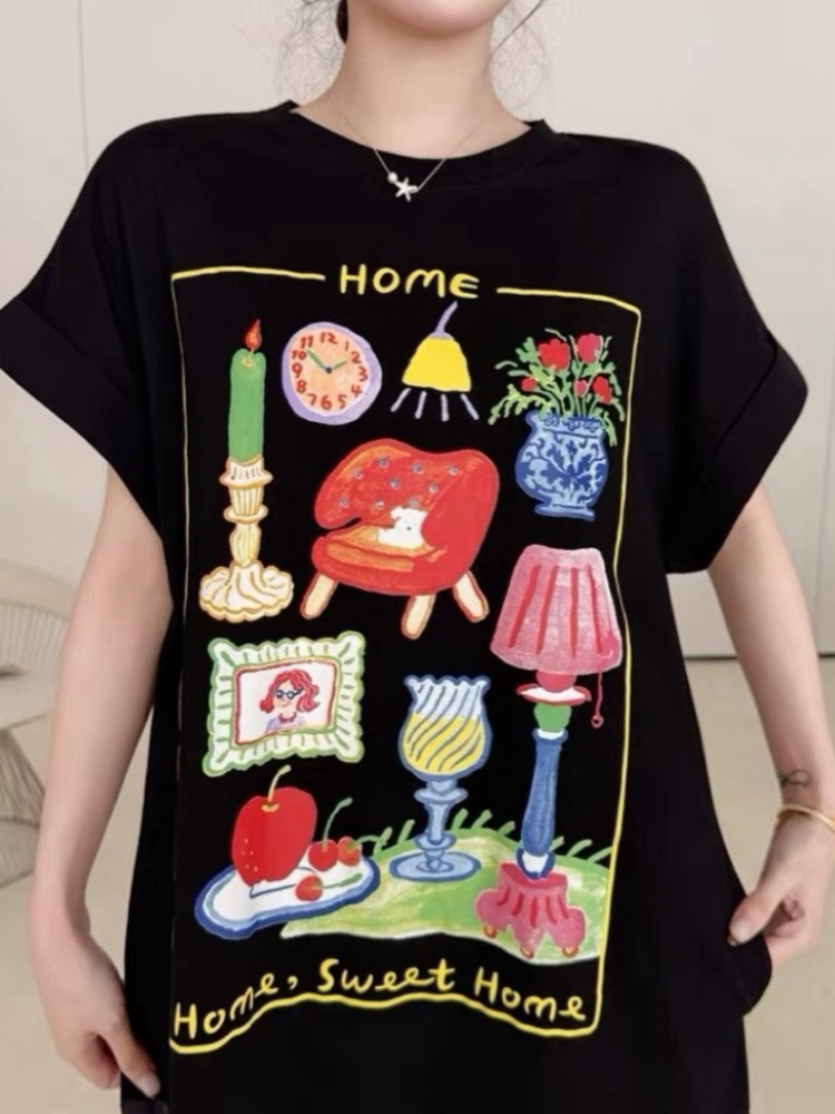 印花拼接寬鬆魚尾長洋裝