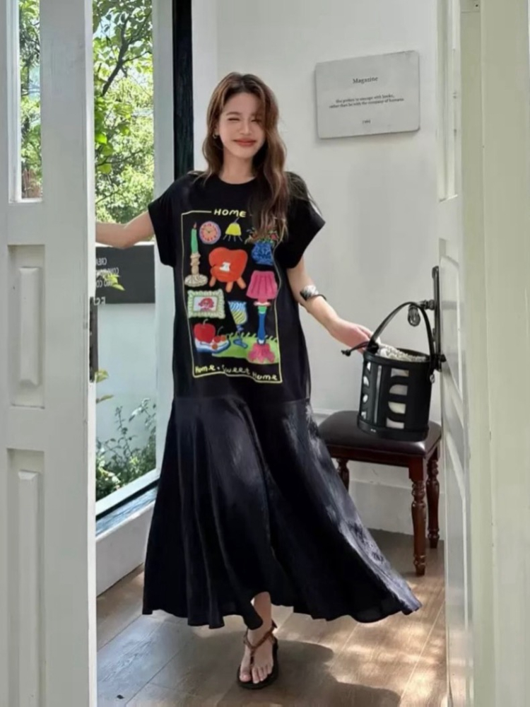 印花拼接寬鬆魚尾長洋裝