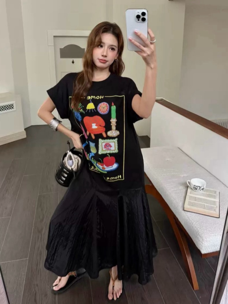印花拼接寬鬆魚尾長洋裝