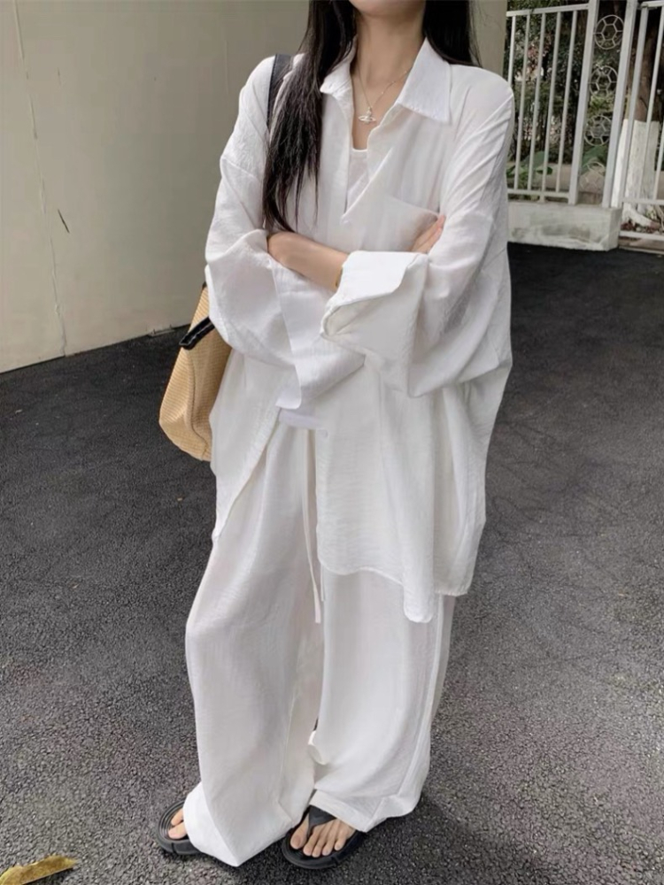 兩件式慵懶寬鬆襯衫外套上衣+垂感休閒褲拖地長褲套組