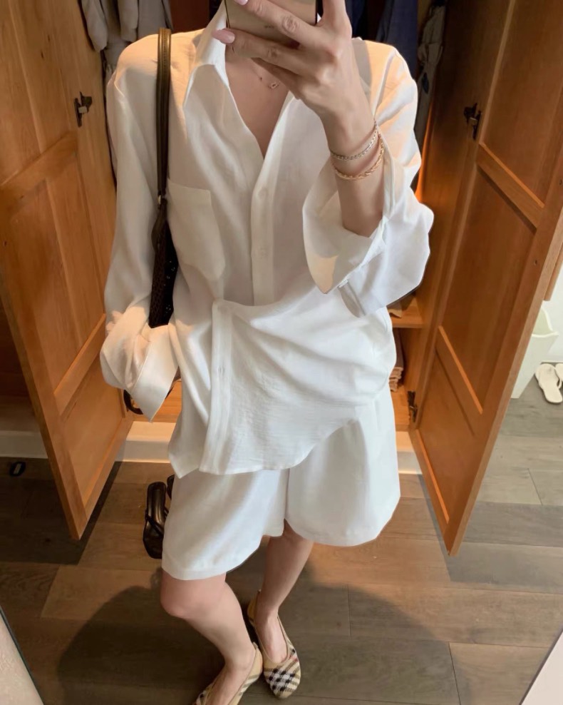 慵懶肌理感寬鬆襯衫配休閒短褲女套組