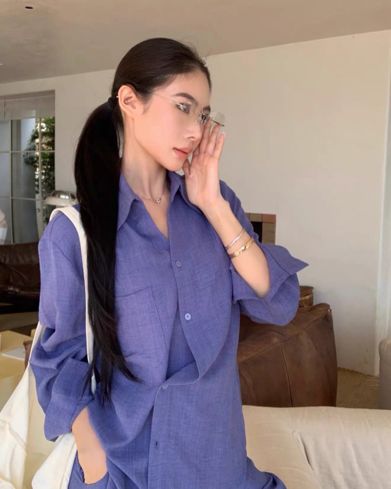 慵懶肌理感寬鬆襯衫配休閒短褲女套組