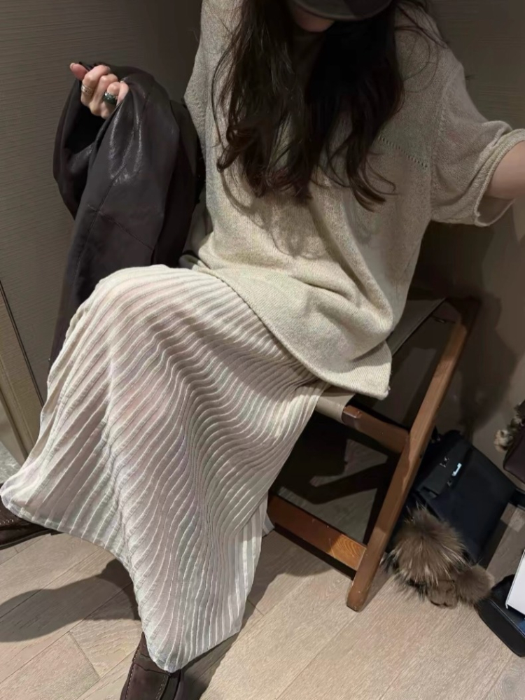 Sha. 拼接短袖毛衣/百褶針織長裙