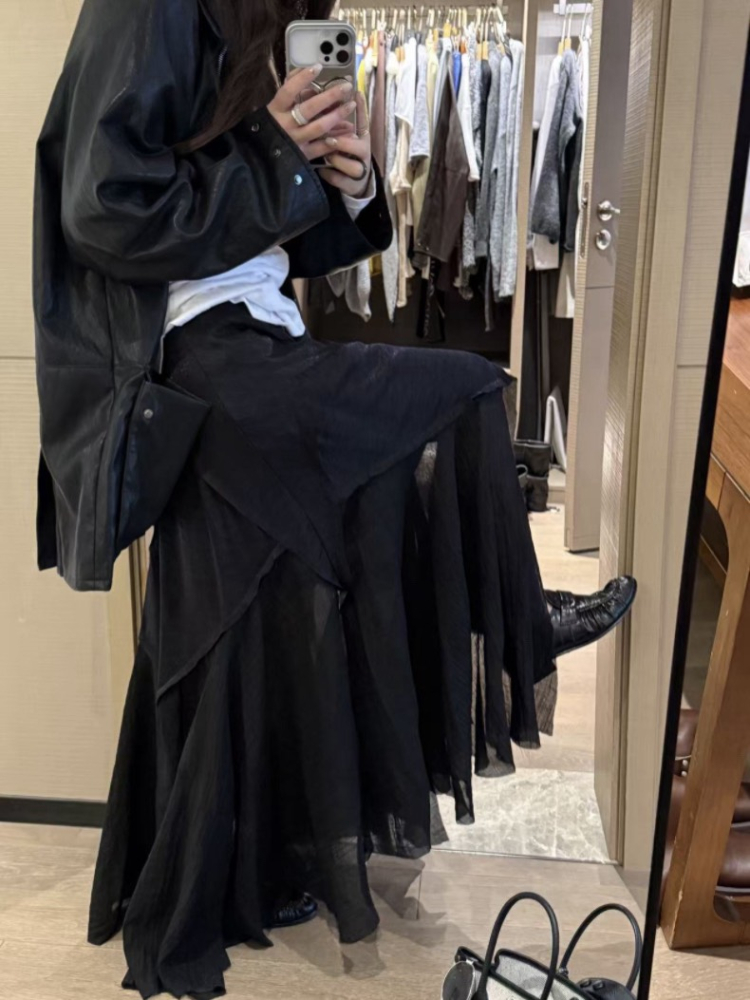 Sha.不規則拼接層次感顯瘦高腰半身裙紗